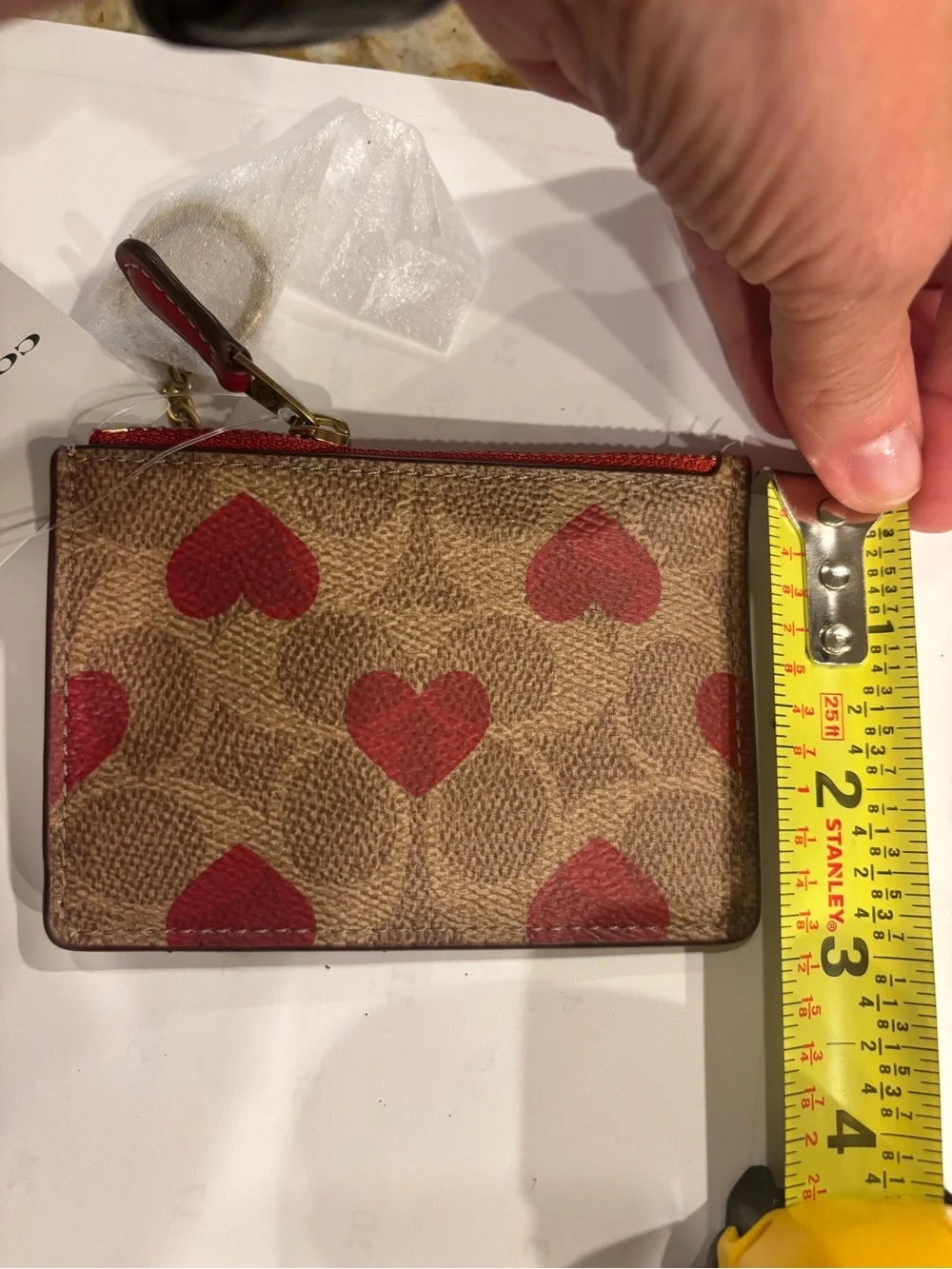 COACH Brown Signature Coated Canvas  Mini ID case Red Heart Print and Key Ring